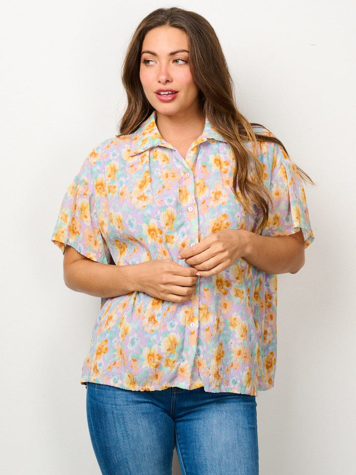 WOMEN'S SHORT SLEEVE BUTTON UP FLORAL BLOUSE TOP