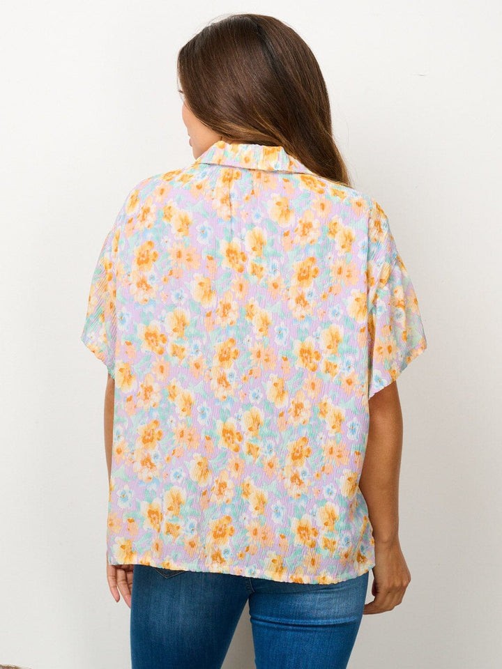 WOMEN'S SHORT SLEEVE BUTTON UP FLORAL BLOUSE TOP