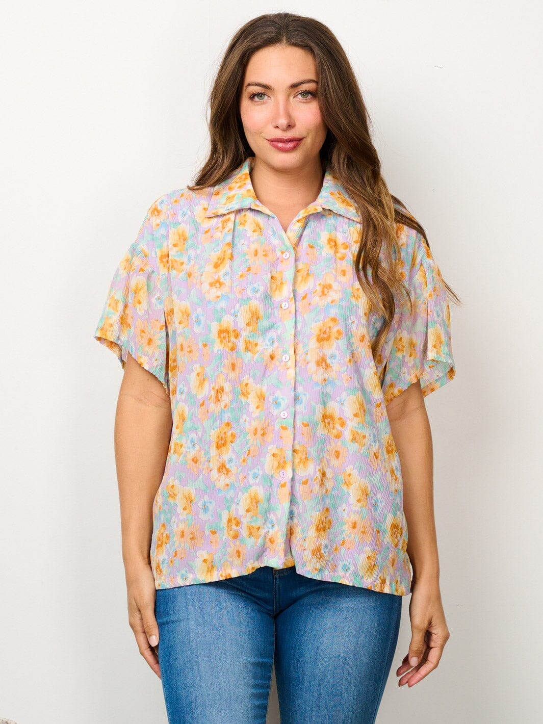 WOMEN'S SHORT SLEEVE BUTTON UP FLORAL BLOUSE TOP