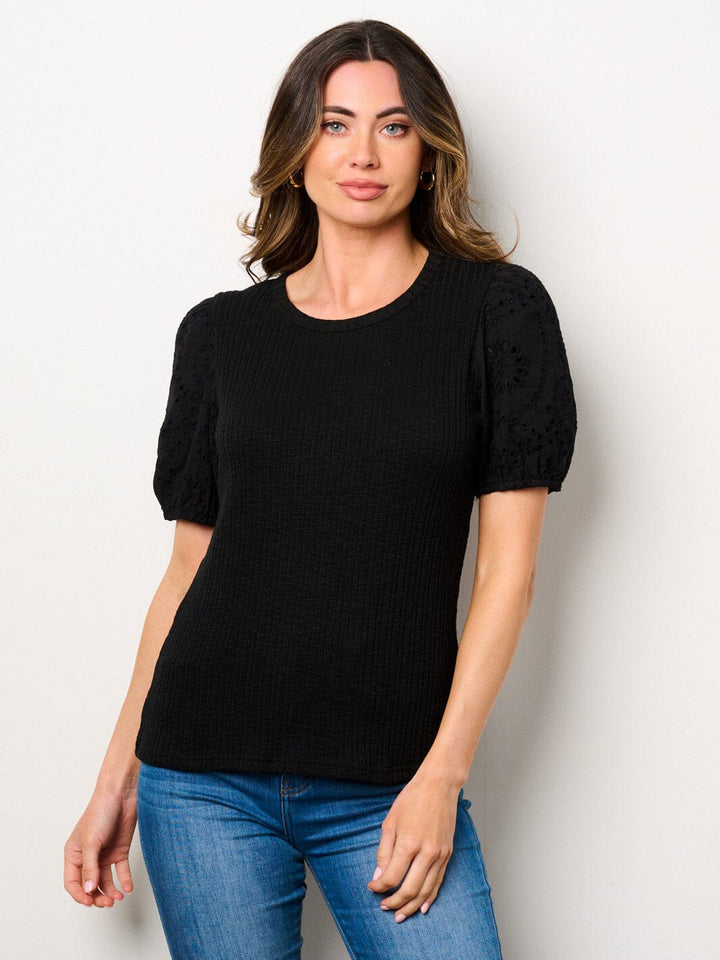 WOMEN'S SHORT EYELET SLEEVE RIBBED BLOUSE TOP