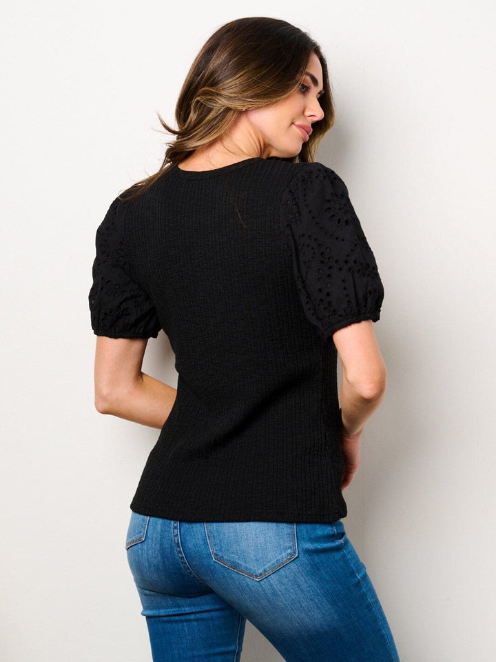 WOMEN'S SHORT EYELET SLEEVE RIBBED BLOUSE TOP