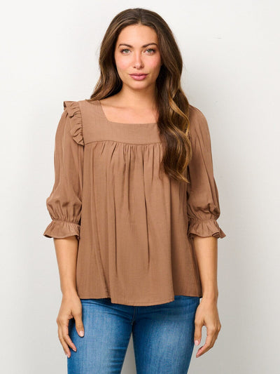 WOMEN'S 3/4 SLEEVE SQUARE NECK RUFFLE BLOUSE TOP