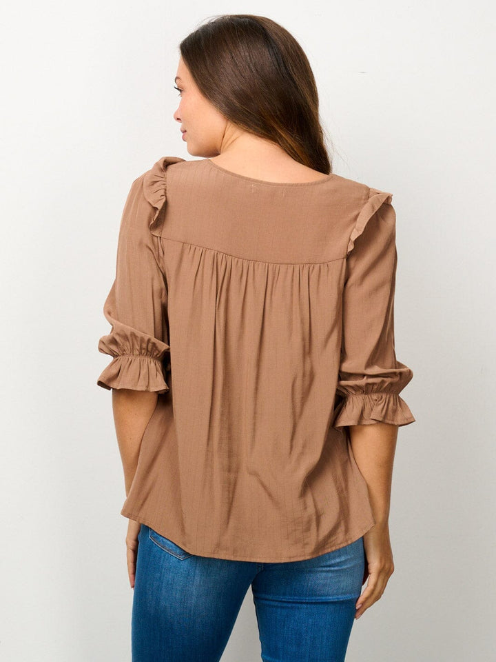 WOMEN'S 3/4 SLEEVE SQUARE NECK RUFFLE BLOUSE TOP