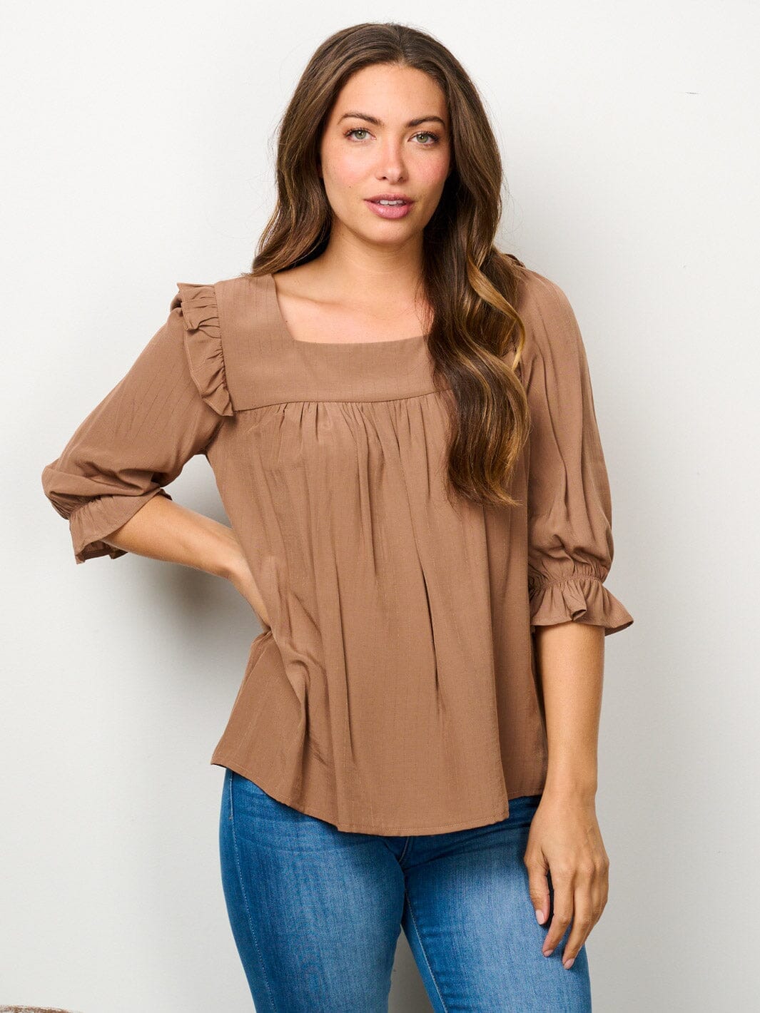 WOMEN'S 3/4 SLEEVE SQUARE NECK RUFFLE BLOUSE TOP