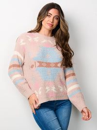 WOMEN'S LONG SLEEVE MULTI PRINT PULLOVER SWEATER