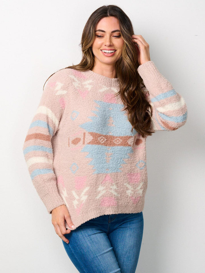 WOMEN'S LONG SLEEVE MULTI PRINT PULLOVER SWEATER