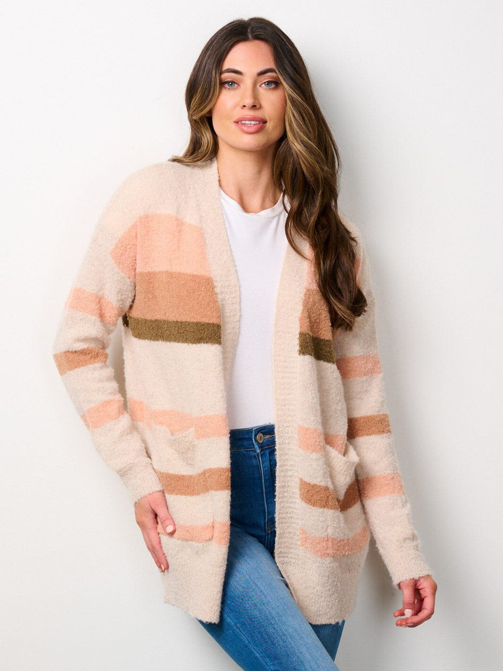 WOMEN'S LONG SLEEVE COLORBLOCK OPEN FRONT POCKETS CARDIGAN