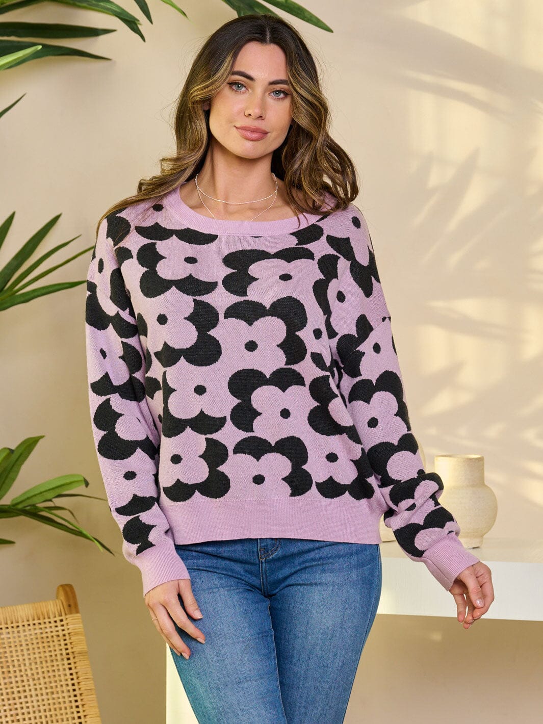 WOMEN'S LONG SLEEVE PULLOVER FLORAL SWEATER