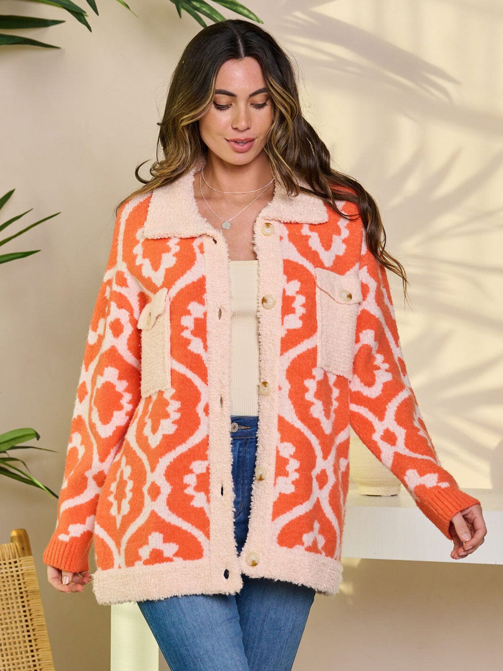 WOMEN'S LONG SLEEVE BUTTON CLOSURE COLORBLOCK SHERPA JACKET