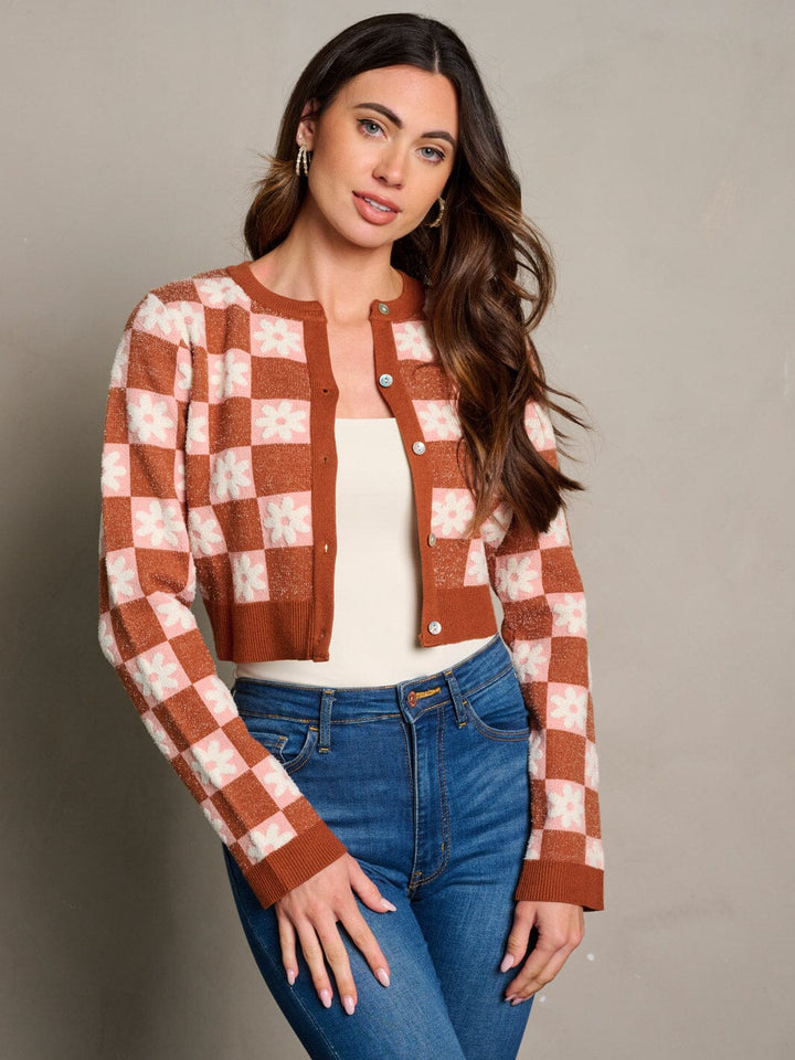 WOMEN'S LONG SLEEVE BUTTON CLOSURE CHEKERS SWEATER CARDIGAN