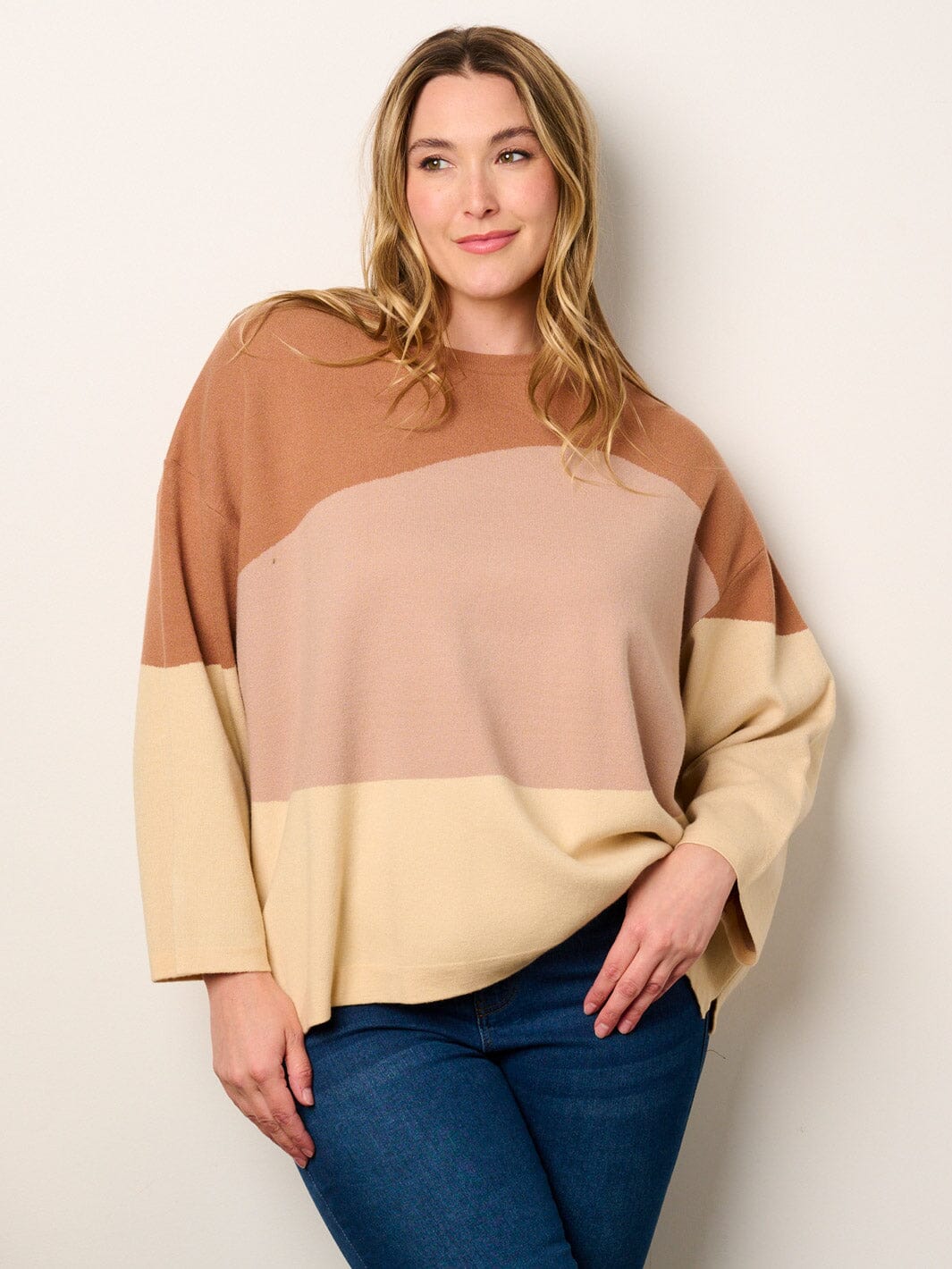 PLUS SIZE LONG SLEEVE COLORBLOCK TOP