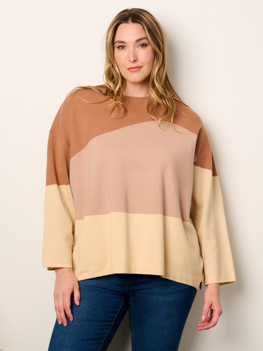 PLUS SIZE LONG SLEEVE COLORBLOCK TOP