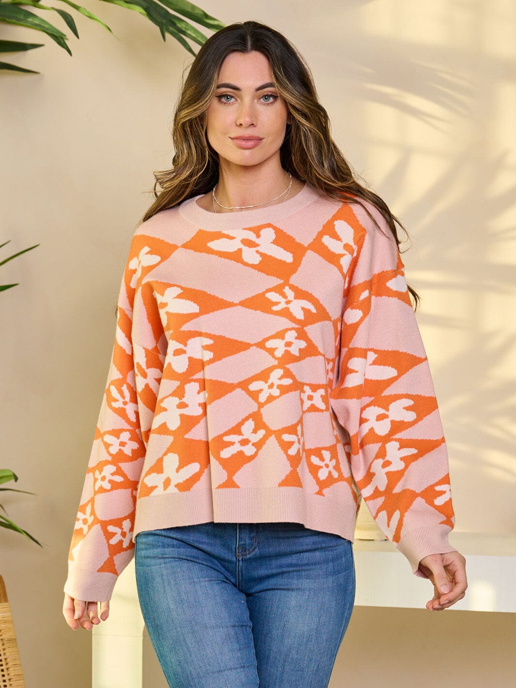 WOMEN'S LONG SLEEVE PULLOVER FLOWERS PRINT SWEATER