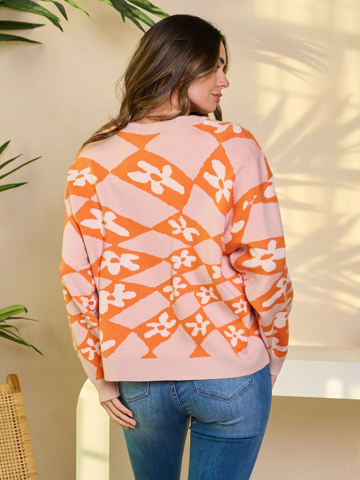 WOMEN'S LONG SLEEVE PULLOVER FLOWERS PRINT SWEATER
