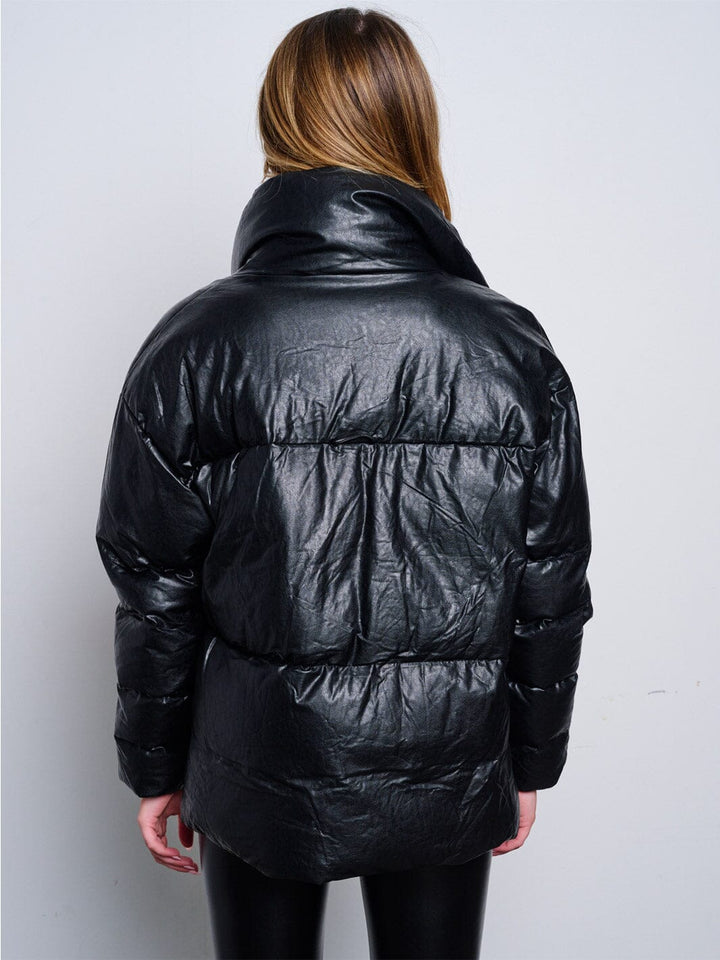 WOMEN'S LONG SLEEVE BUTTON CLOSURE POCKETS PU PLEATHER JACKET