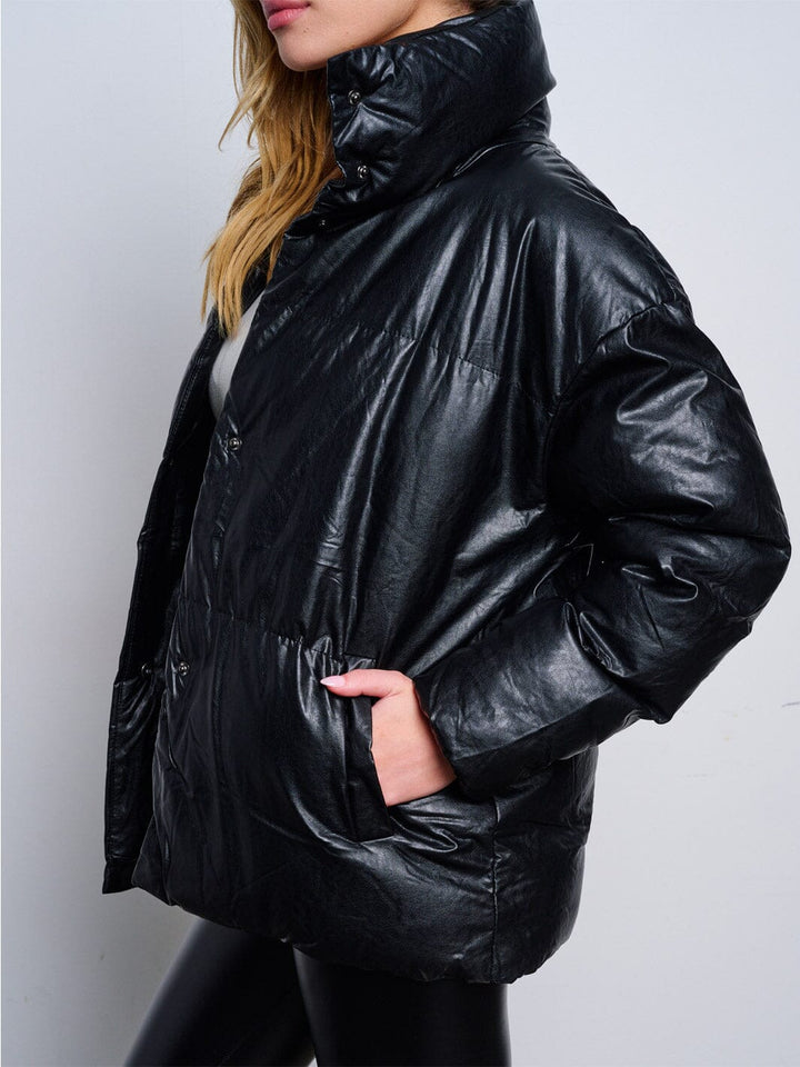 WOMEN'S LONG SLEEVE BUTTON CLOSURE POCKETS PU PLEATHER JACKET