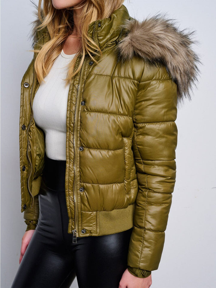 WOMEN'S LONG SLEEVE ZIP UP REMOVABLE HOODIE PUFFER JACKET