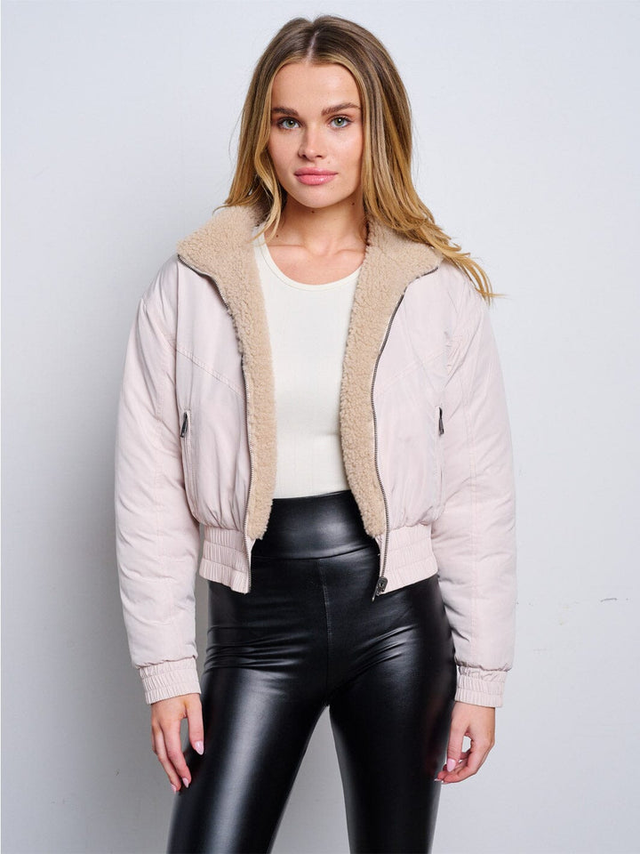 WOMEN'S LONG SLEEVE BUTTON UP POCKETS SHERPA REVERSIBLE JACKET
