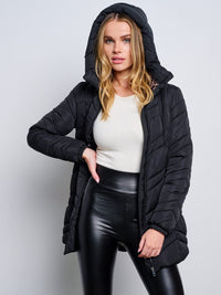 WOMEN'S LONG SLEEVE ZIP UP POCKETS HOODED PUFFER JACKET