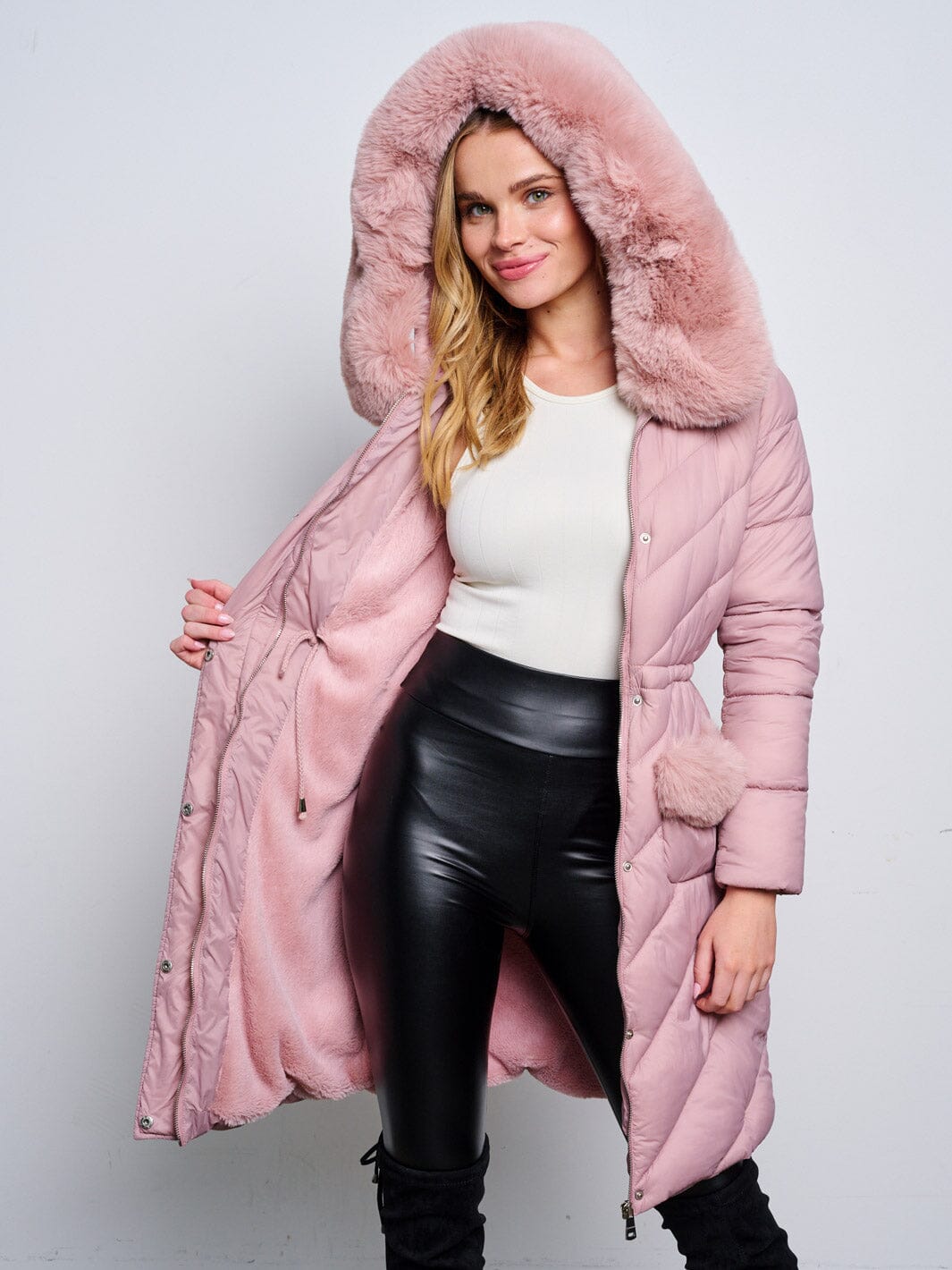 WOMEN'S LONG SLEEVE ZIP UP REMOVABLE SHERPA COLLAR HOODIE PUFFER JACKET