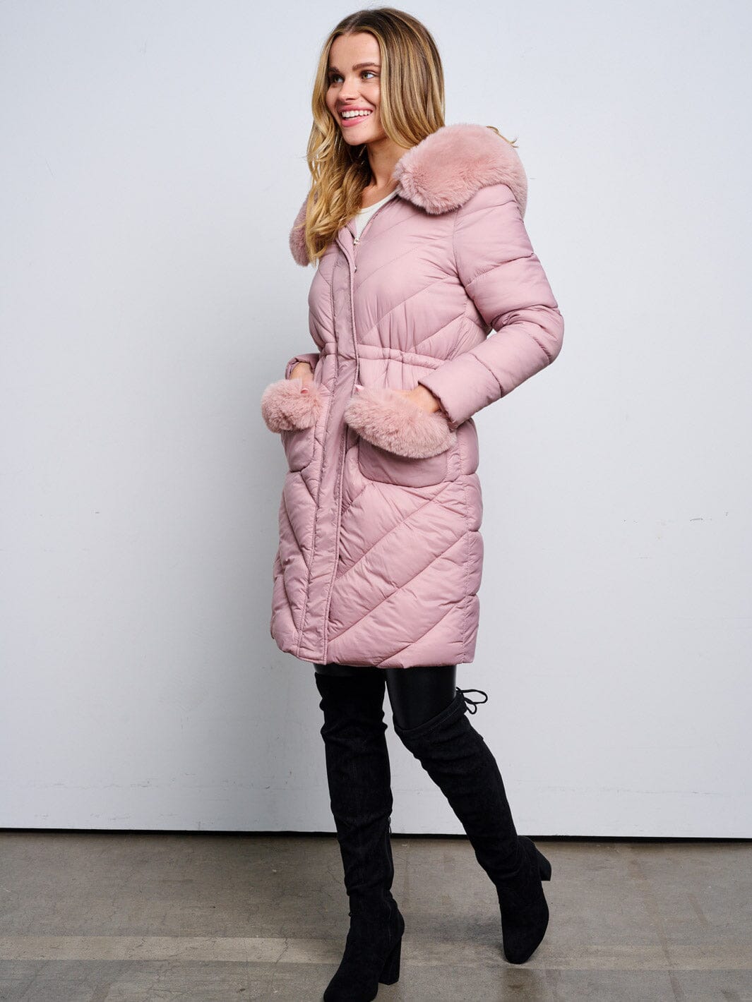 WOMEN'S LONG SLEEVE ZIP UP REMOVABLE SHERPA COLLAR HOODIE PUFFER JACKET