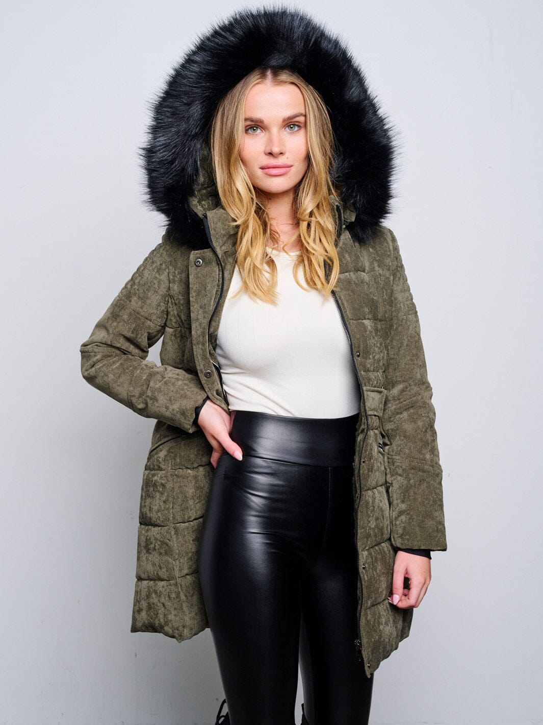 WOMEN'S LONG SLEEVE ZIP UP REMOVABLE HOODIE PUFFER COAT