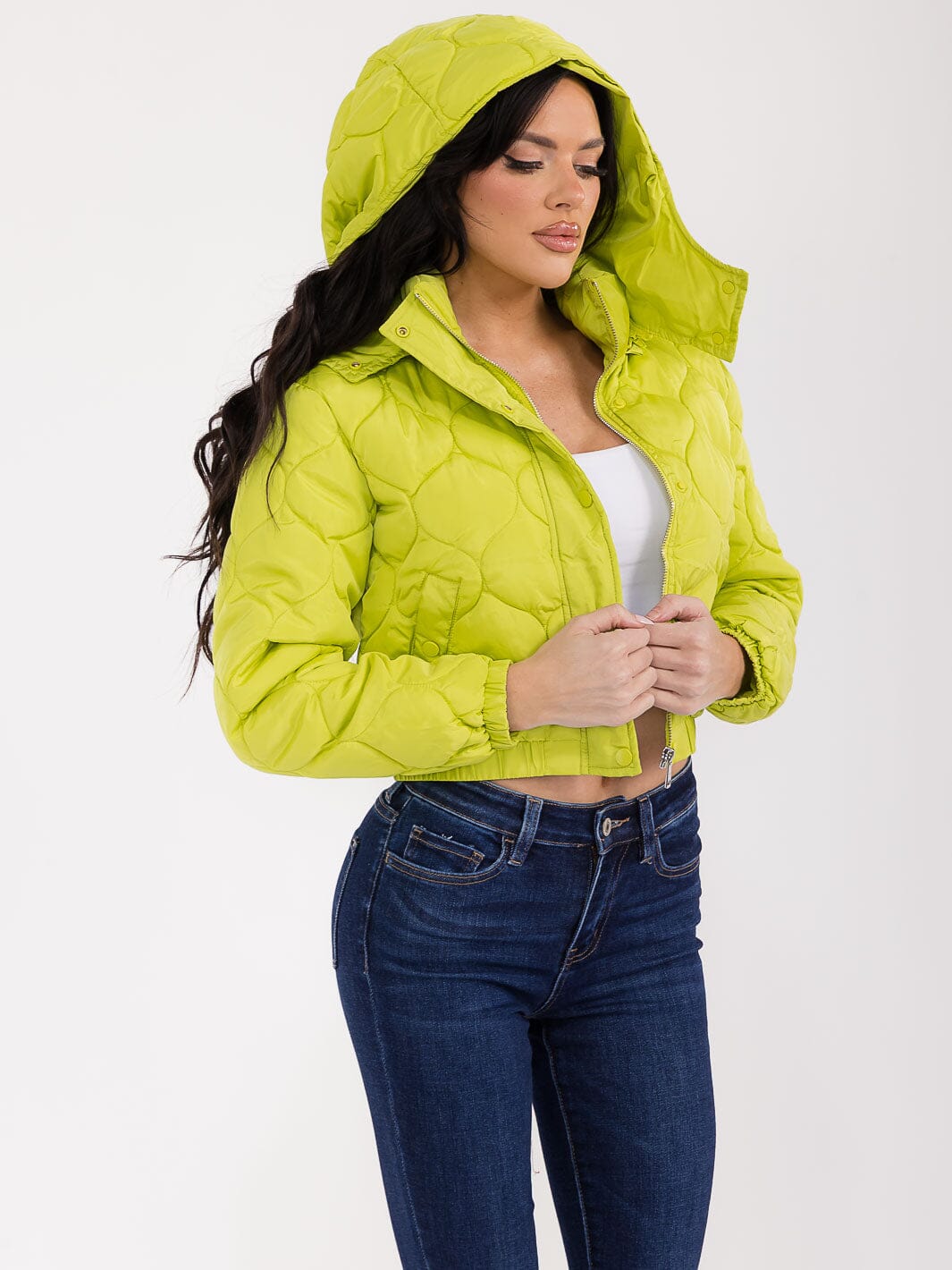 WOMEN'S LONG SLEEVE BUTTON CLOSURE FRONT POCKETS HOODED PUFFER JACKET