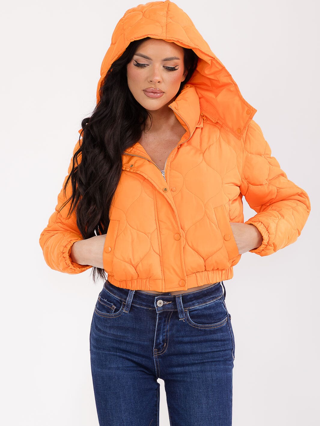 WOMEN'S LONG SLEEVE BUTTON CLOSURE FRONT POCKETS HOODED PUFFER JACKET