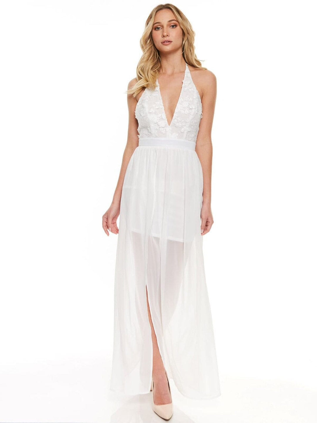 WOMEN'S SLEEVELESS V-NECK DETAILED MAXI DRESS