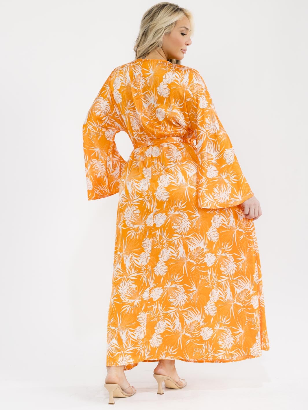 PLUS SIZE LONG SLEEVE SURPLICE SELF TIE SIDE SLIT LEAF PRINT MAXI DRESS