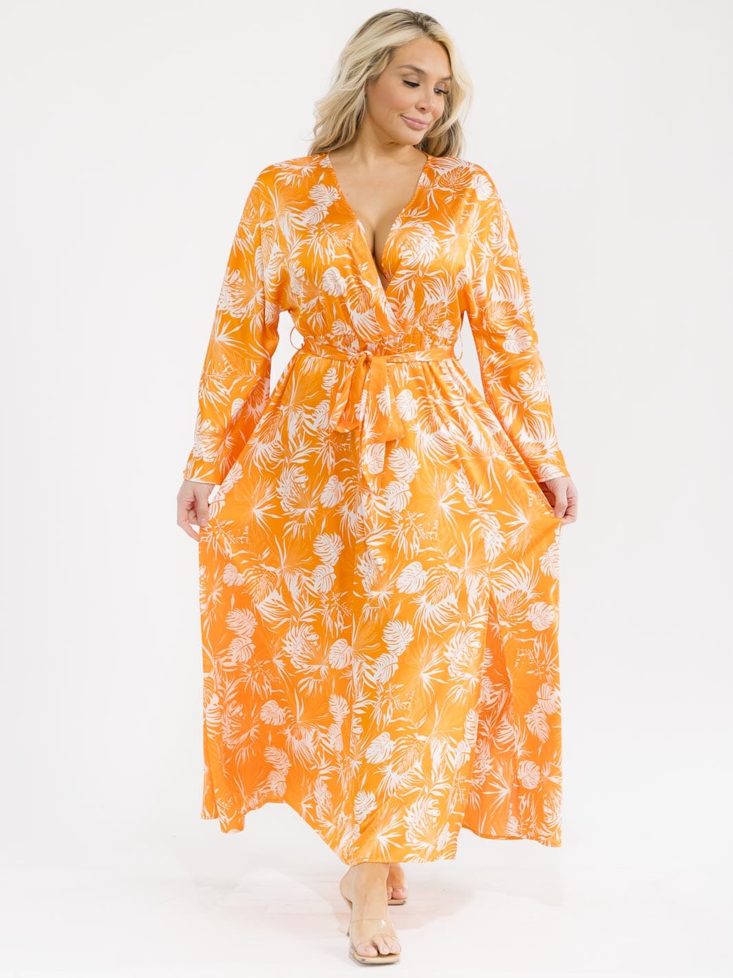 PLUS SIZE LONG SLEEVE SURPLICE SELF TIE SIDE SLIT LEAF PRINT MAXI DRESS