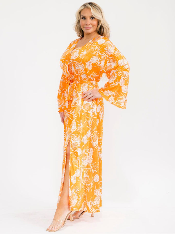 PLUS SIZE LONG SLEEVE SURPLICE SELF TIE SIDE SLIT LEAF PRINT MAXI DRESS