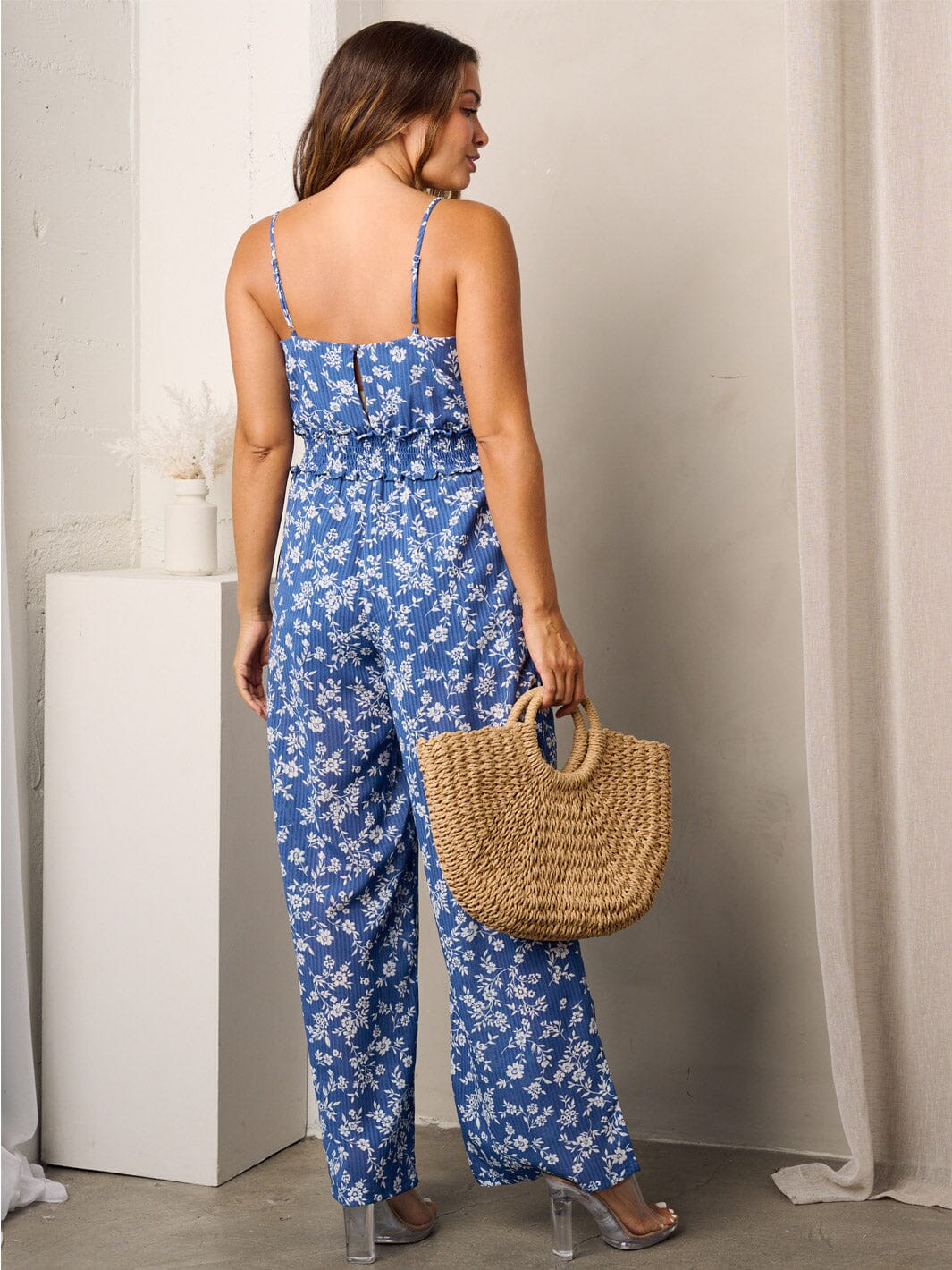 WOMEN'S SLEEVELESS SMOCK WAIST FLORAL JUMPSUIT