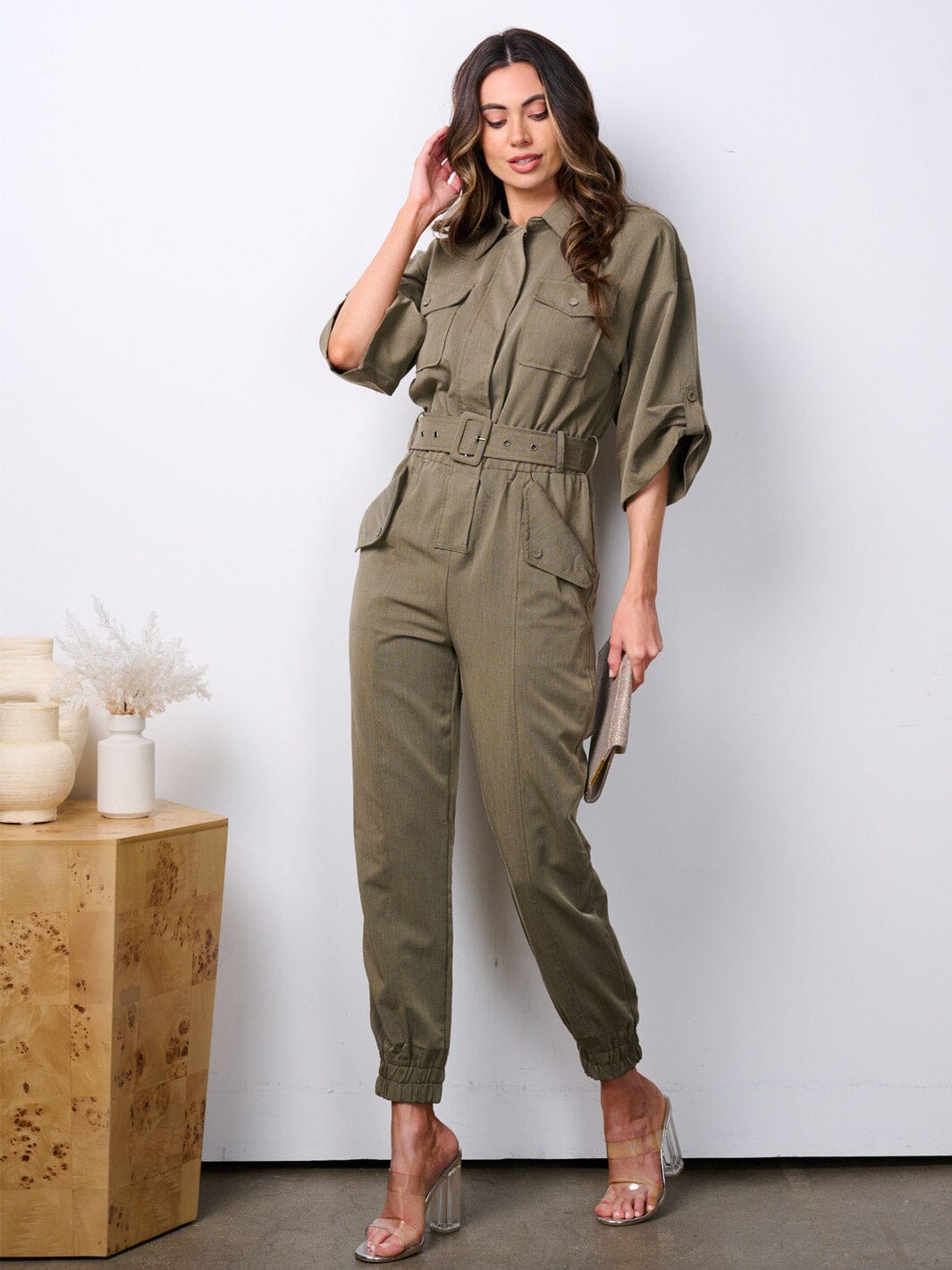 WOMEN'S SHORT SLEEVE ZIP UP BELTED POCKETS JUMPSUIT