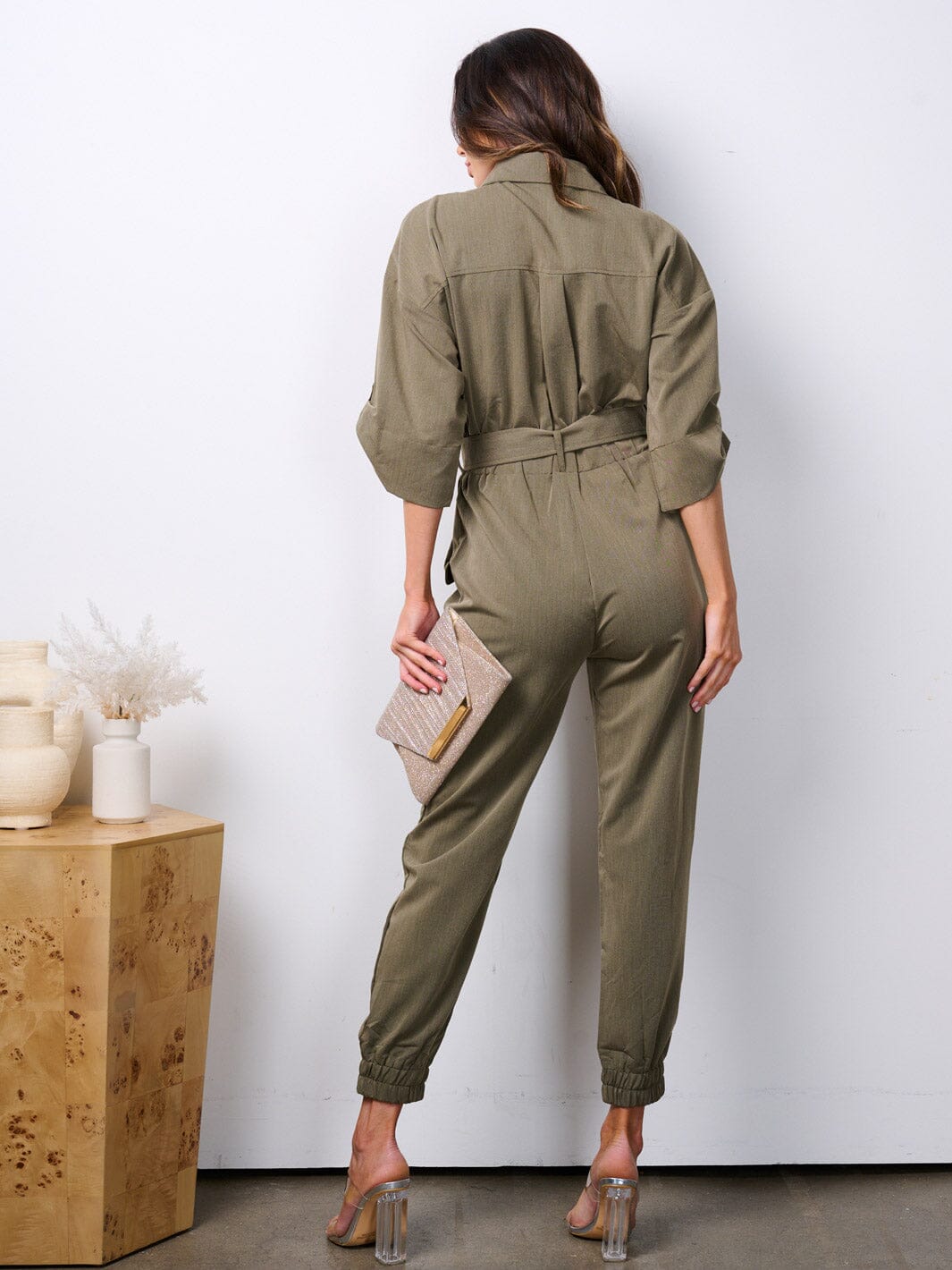 WOMEN'S SHORT SLEEVE ZIP UP BELTED POCKETS JUMPSUIT