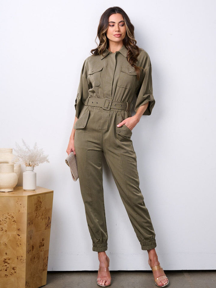 WOMEN'S SHORT SLEEVE ZIP UP BELTED POCKETS JUMPSUIT