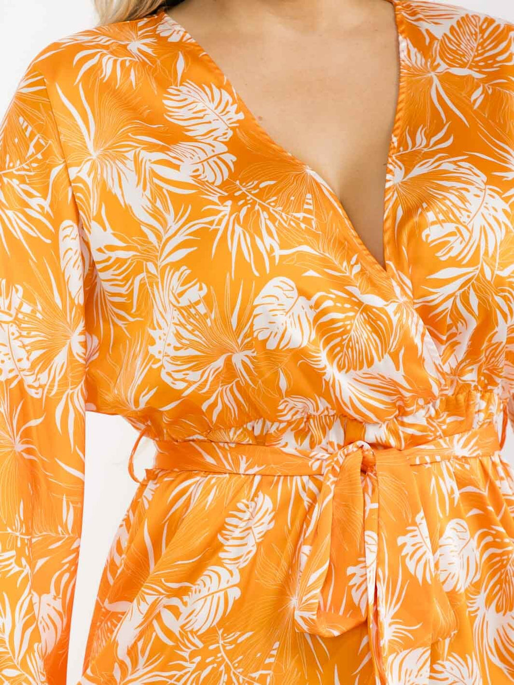 PLUS SIZE LONG SLEEVE SURPLICE SELF TIE SIDE SLIT LEAF PRINT MAXI DRESS