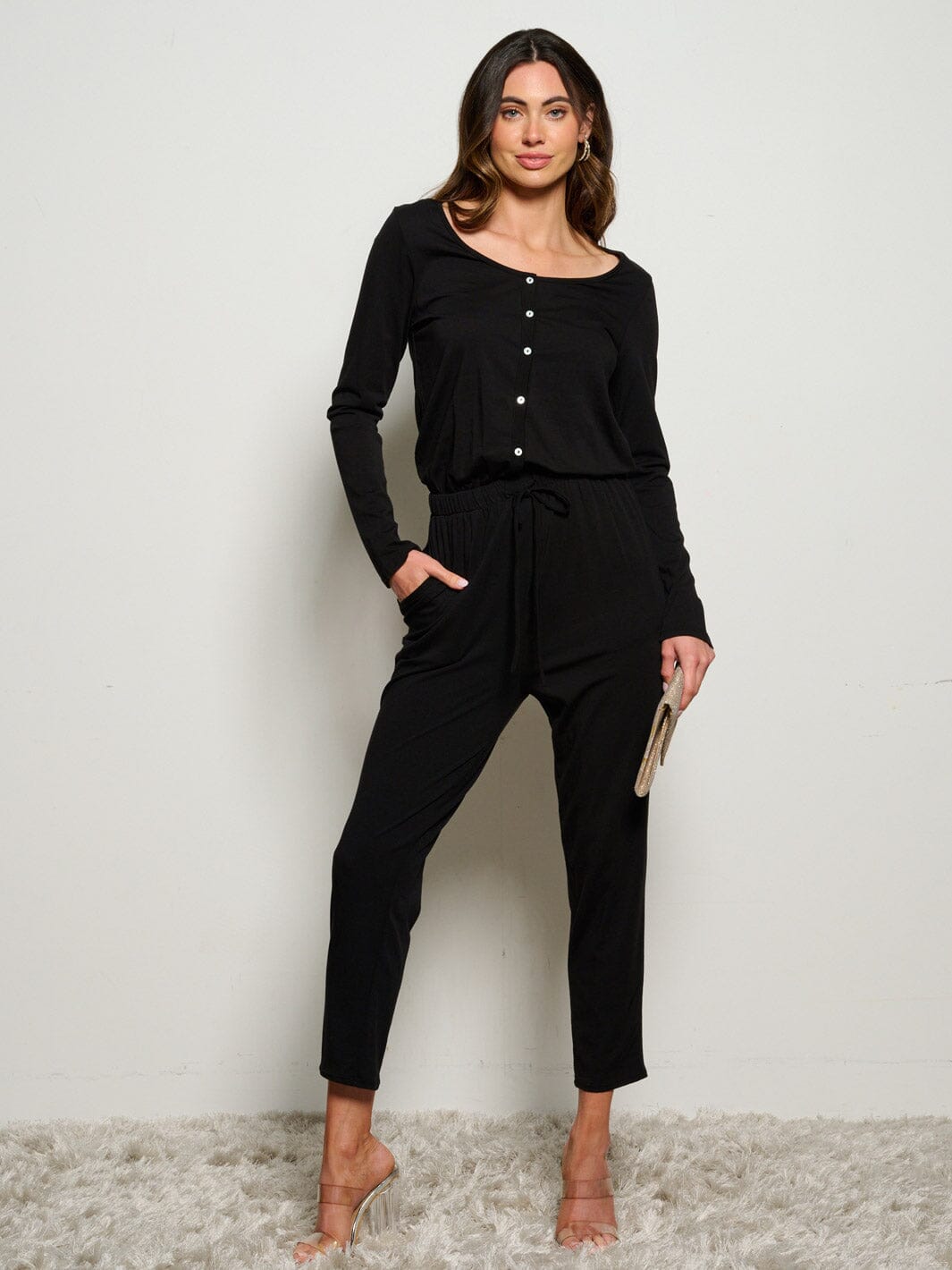 WOMEN'S LONG SLEEVE ELASTIC WAIST POCKETS SELF TIE JUMPSUIT