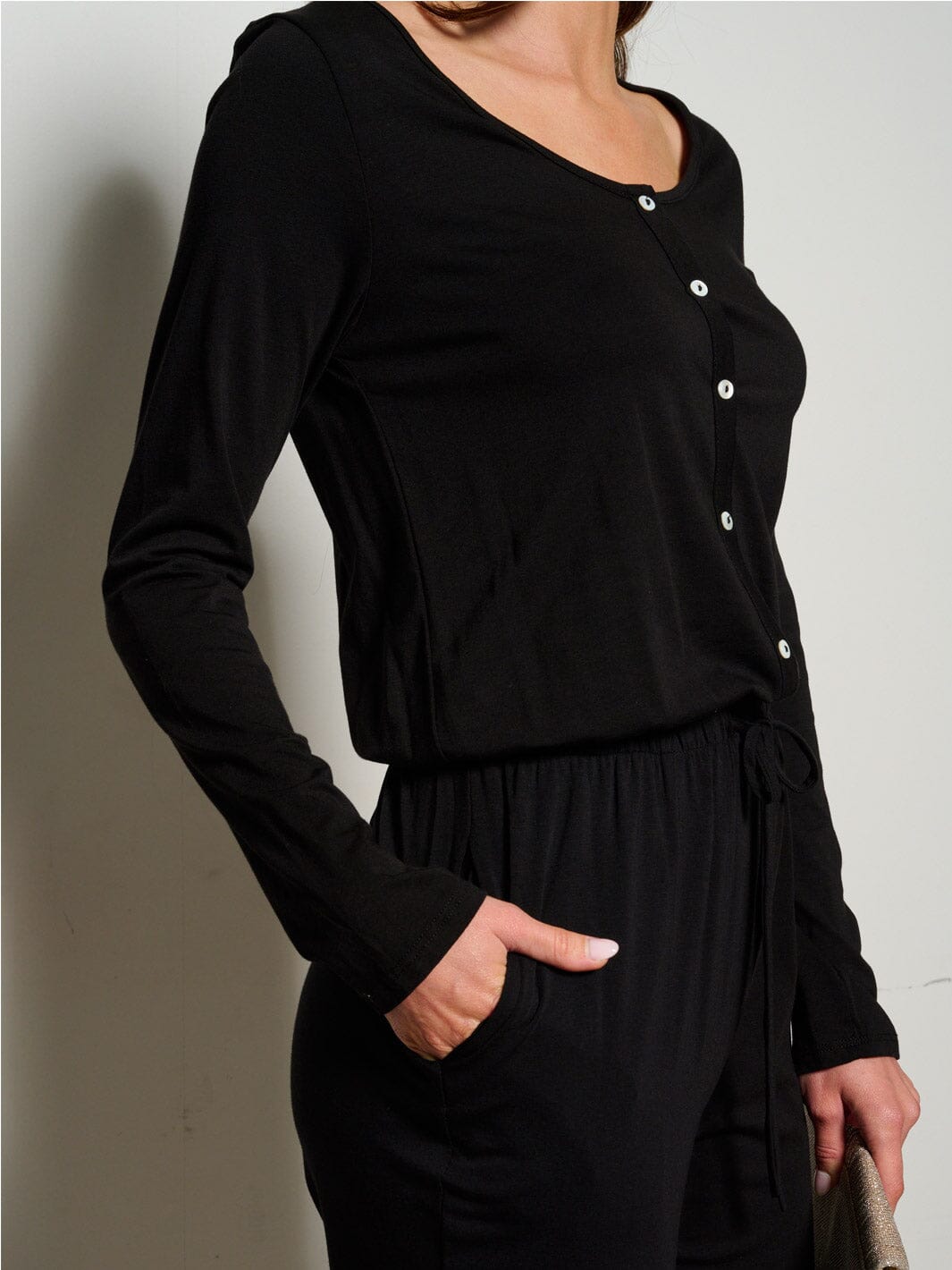 WOMEN'S LONG SLEEVE ELASTIC WAIST POCKETS SELF TIE JUMPSUIT