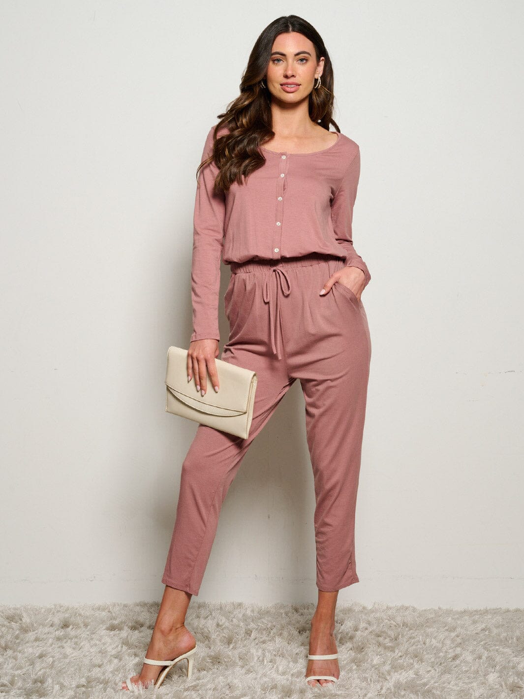 WOMEN'S LONG SLEEVE ELASTIC WAIST POCKETS SELF TIE JUMPSUIT