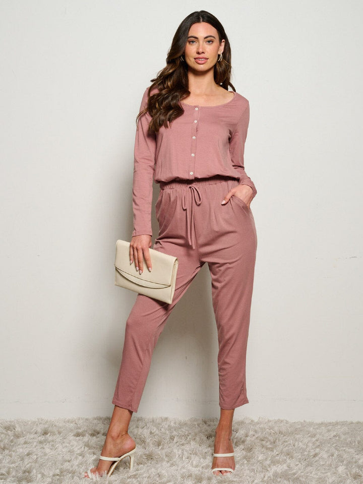 WOMEN'S LONG SLEEVE ELASTIC WAIST POCKETS SELF TIE JUMPSUIT