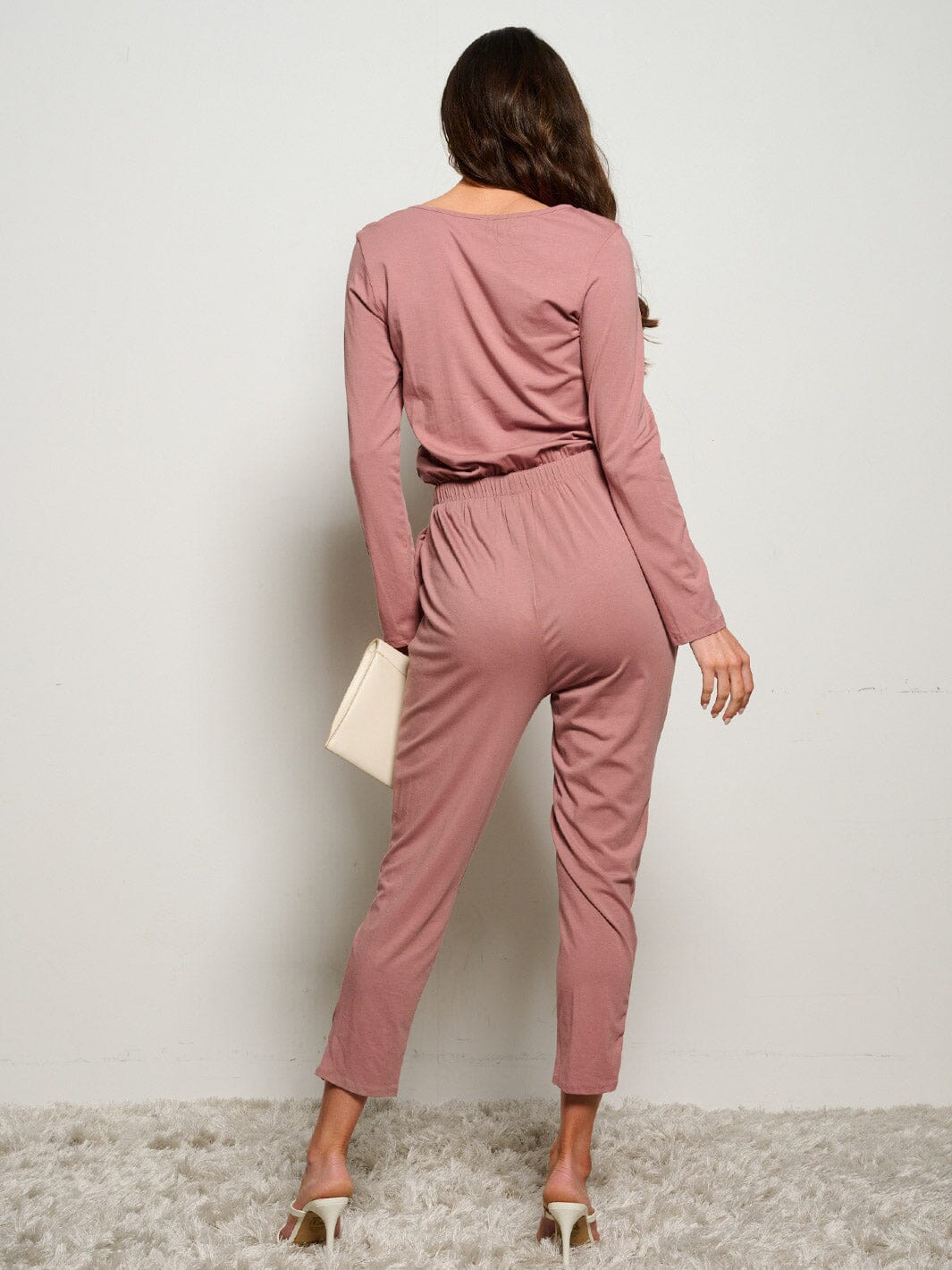 WOMEN'S LONG SLEEVE ELASTIC WAIST POCKETS SELF TIE JUMPSUIT