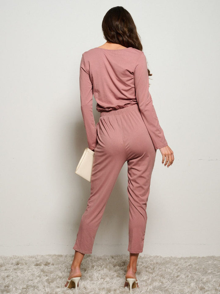WOMEN'S LONG SLEEVE ELASTIC WAIST POCKETS SELF TIE JUMPSUIT