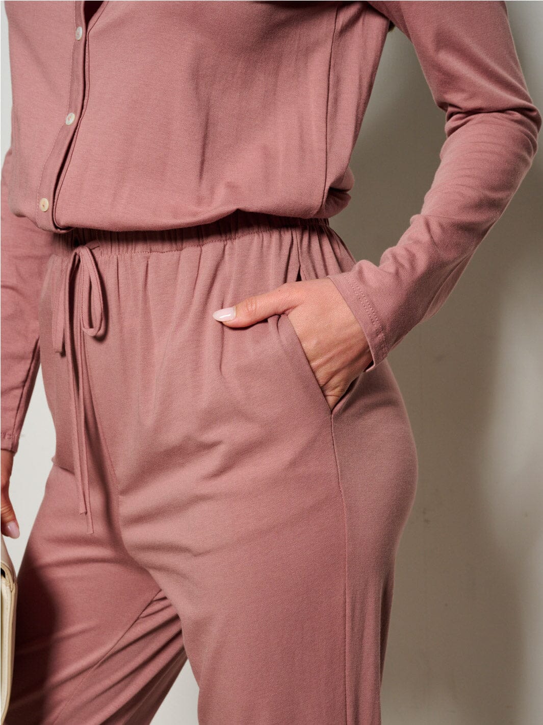 WOMEN'S LONG SLEEVE ELASTIC WAIST POCKETS SELF TIE JUMPSUIT