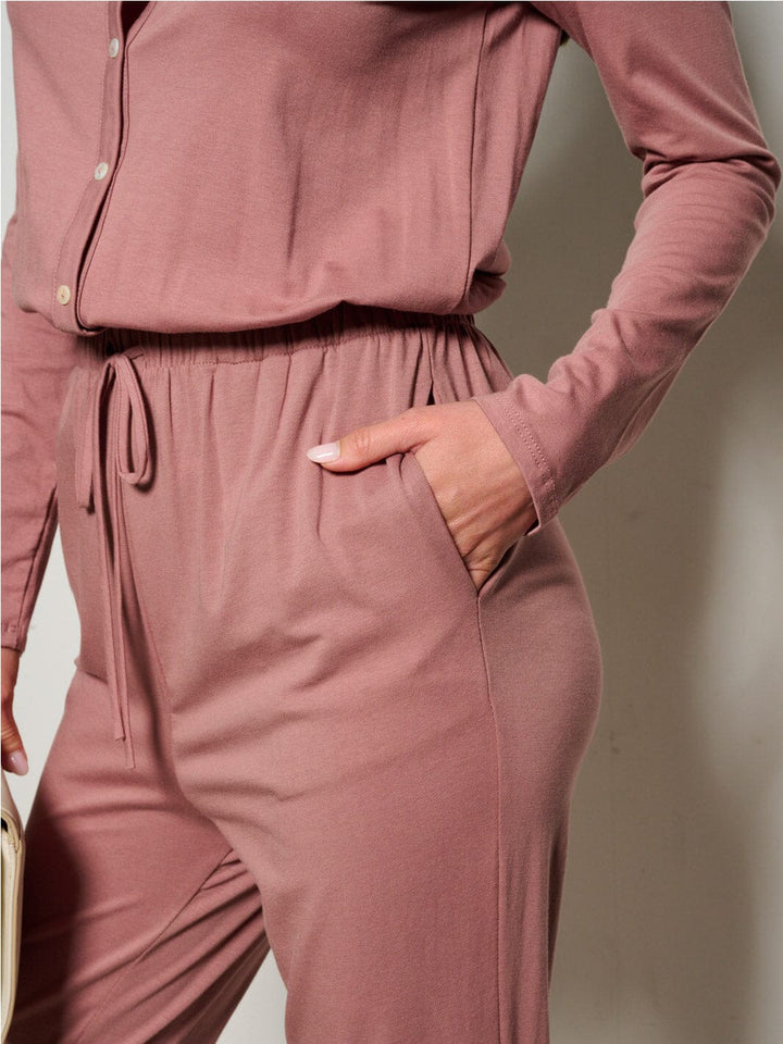 WOMEN'S LONG SLEEVE ELASTIC WAIST POCKETS SELF TIE JUMPSUIT