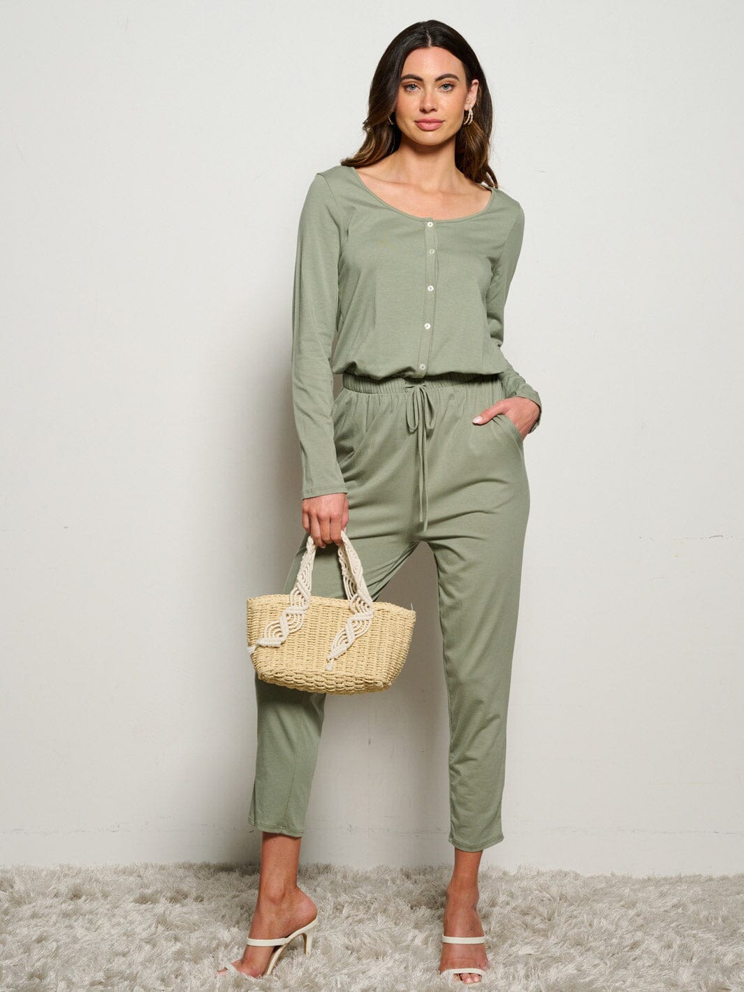 WOMEN'S LONG SLEEVE ELASTIC WAIST POCKETS SELF TIE JUMPSUIT