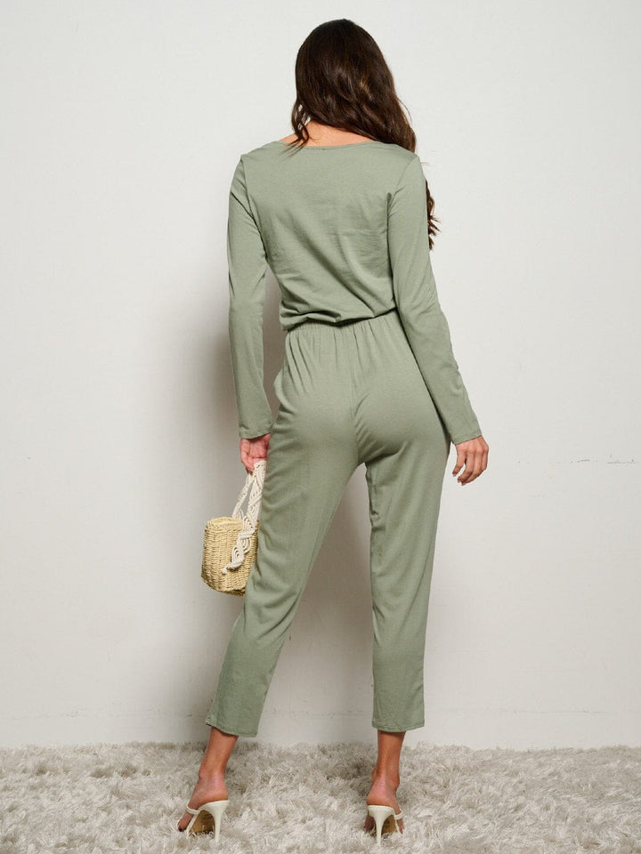 WOMEN'S LONG SLEEVE ELASTIC WAIST POCKETS SELF TIE JUMPSUIT