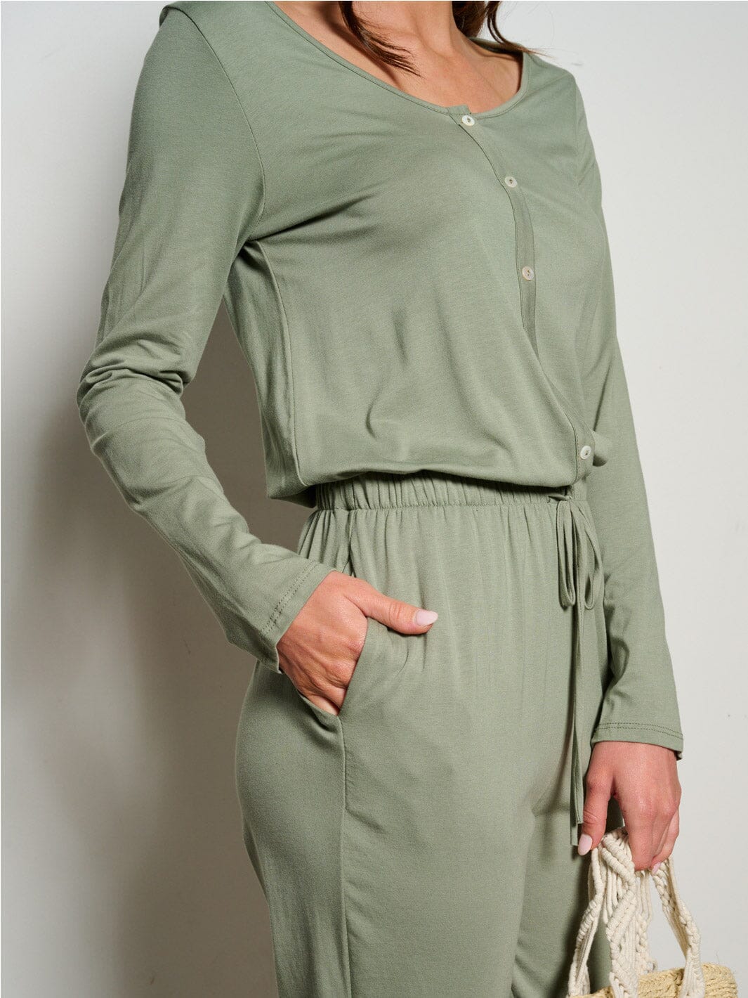 WOMEN'S LONG SLEEVE ELASTIC WAIST POCKETS SELF TIE JUMPSUIT