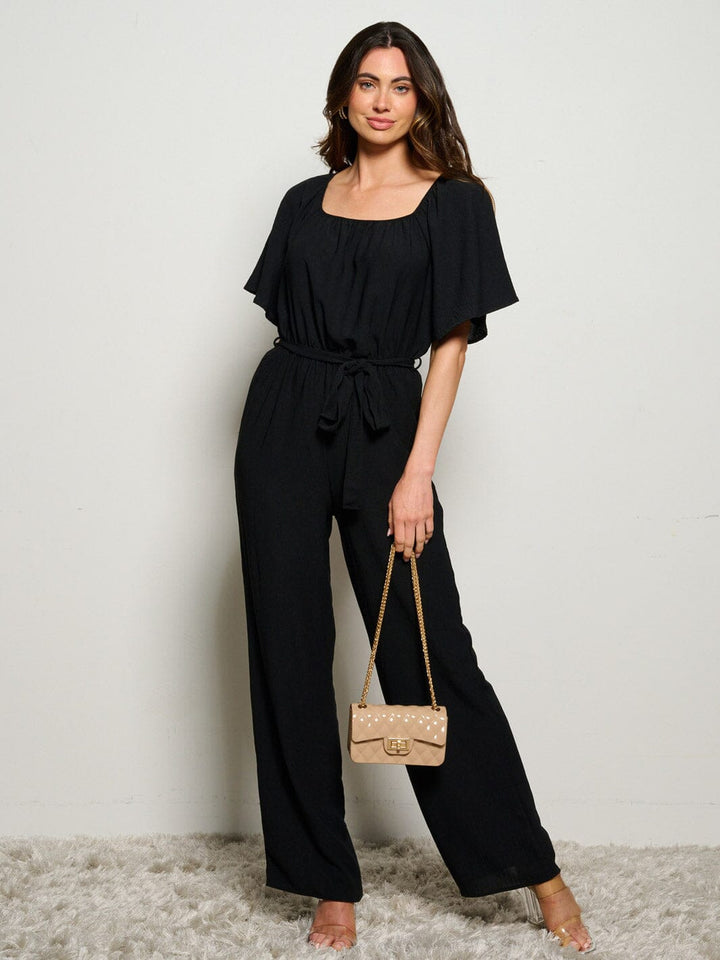 WOMEN'S SHORT SLEEVE SELF TIE WIDE LEG JUMPSUIT