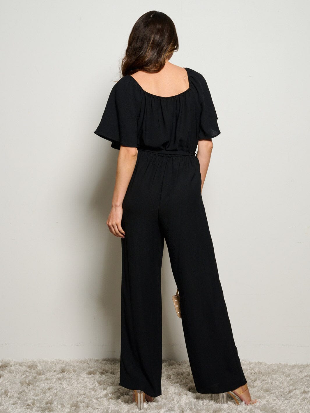 WOMEN'S SHORT SLEEVE SELF TIE WIDE LEG JUMPSUIT
